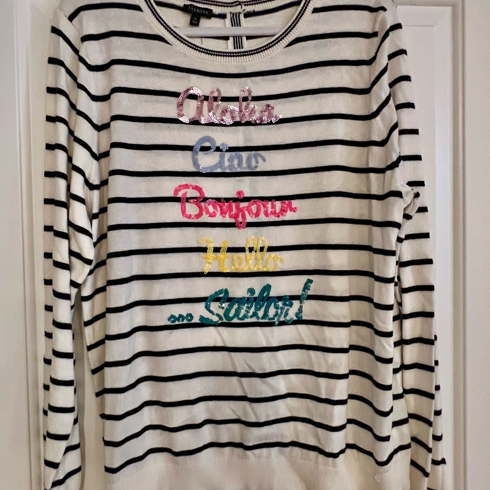 Talbots White and Black Striped Sweater